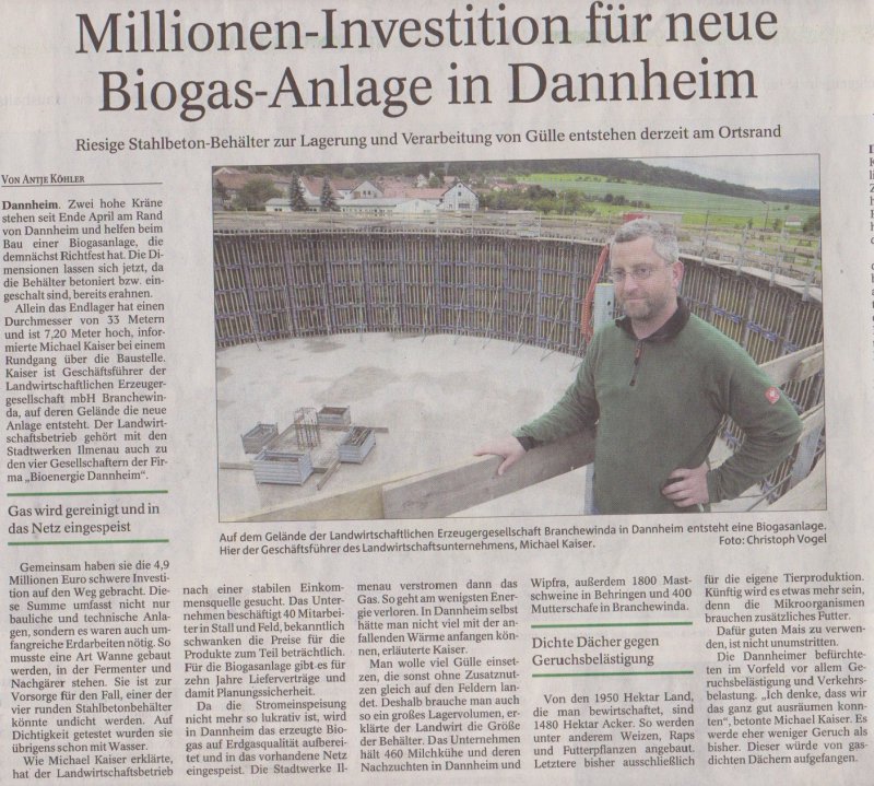 Thüringer Allgemeine Millionen-Investition für neue Biogas-Anlage in Dannheim